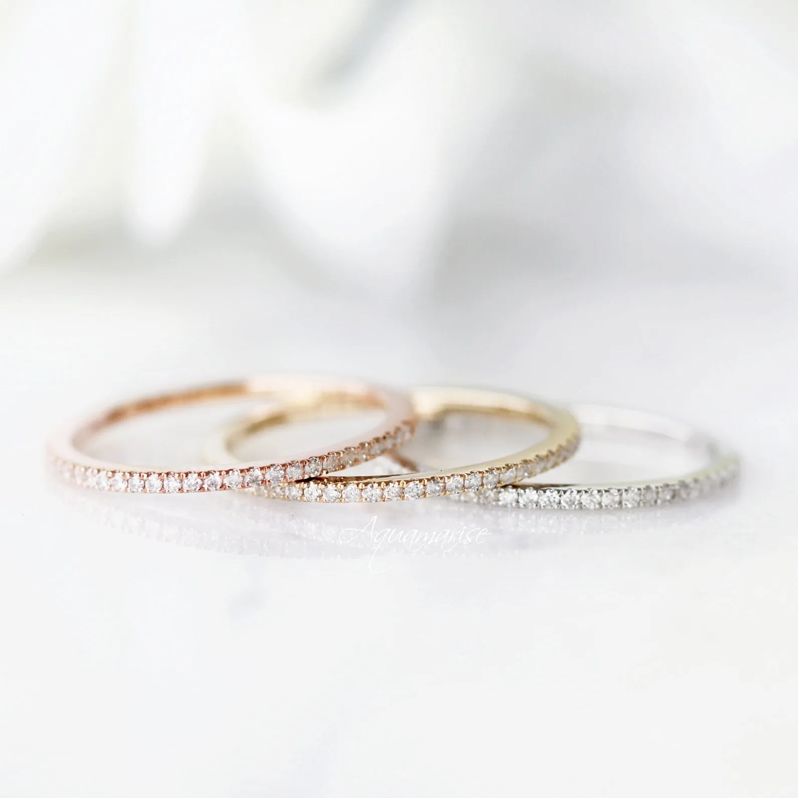 1.5MM Petite Half Eternity Wedding Band- 10K/ 14K/ 18K Solid Rose Gold