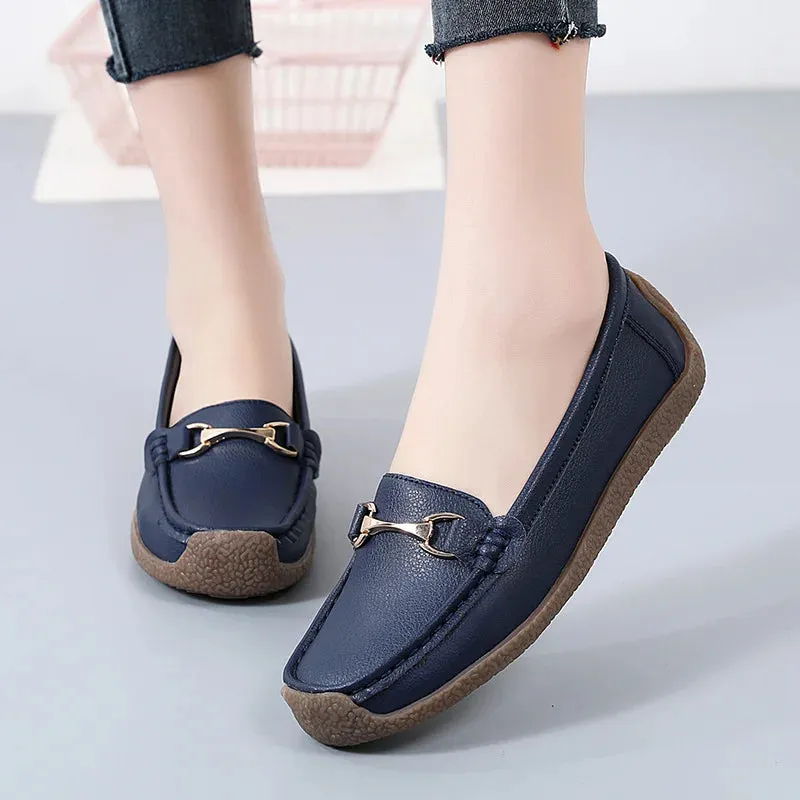 2024 New Spring/Autumn Women’s Flats – Genuine Leather Moccasins, Casual Slip-On Loafers, Boat Shoes, Available in Big Size 44