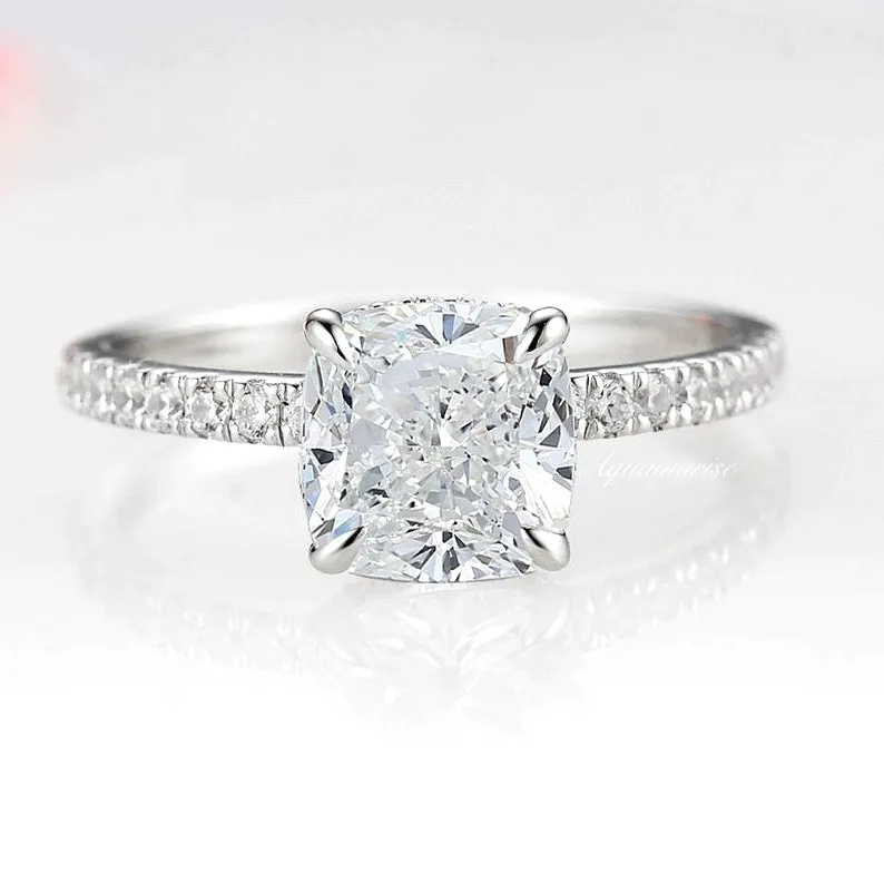 3CT Cushion Cut Diamond/ Moissanite Engagement Ring- 14K White Gold