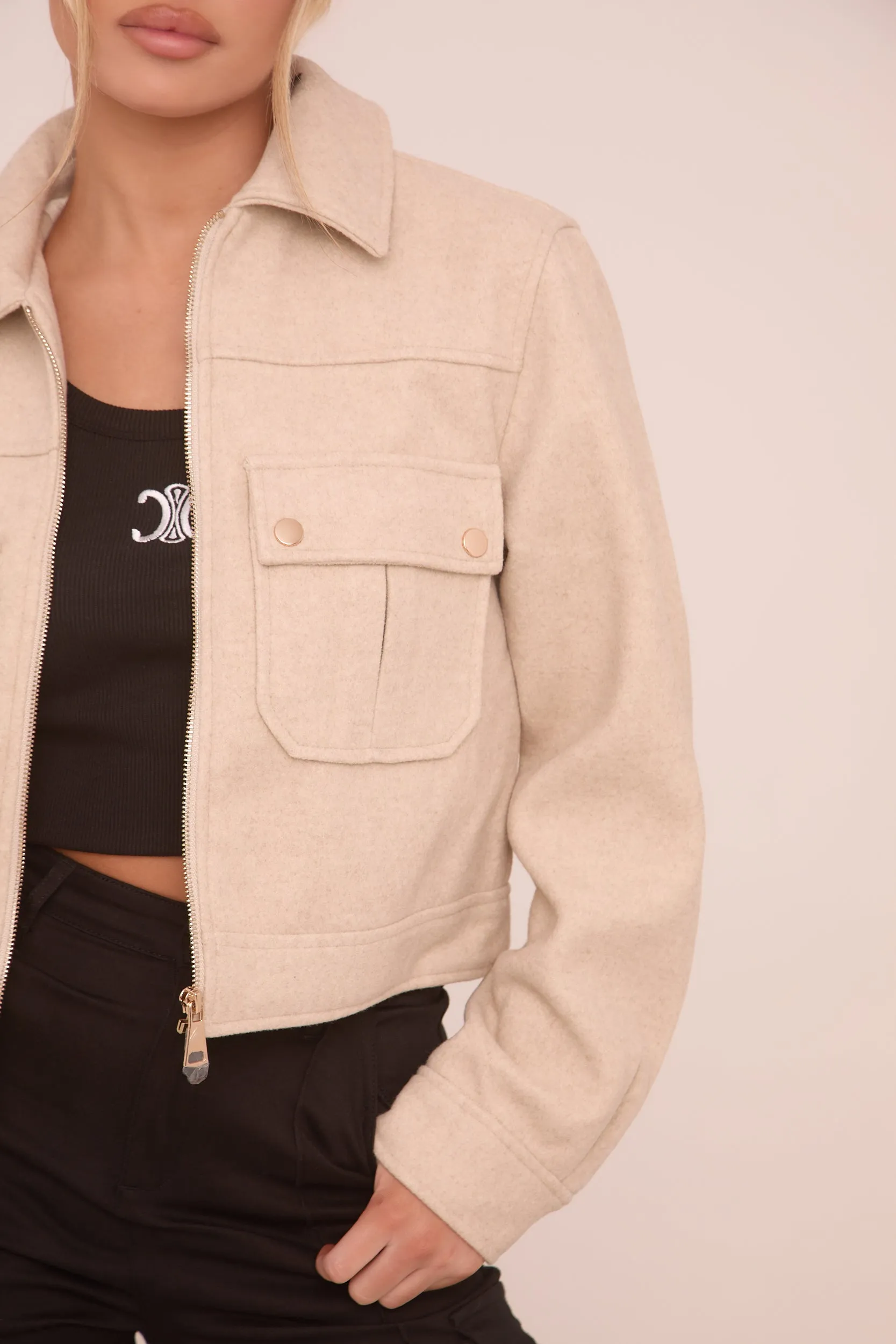 Beige Zip Front Cropped Jacket - Carol