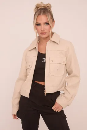 Beige Zip Front Cropped Jacket - Carol