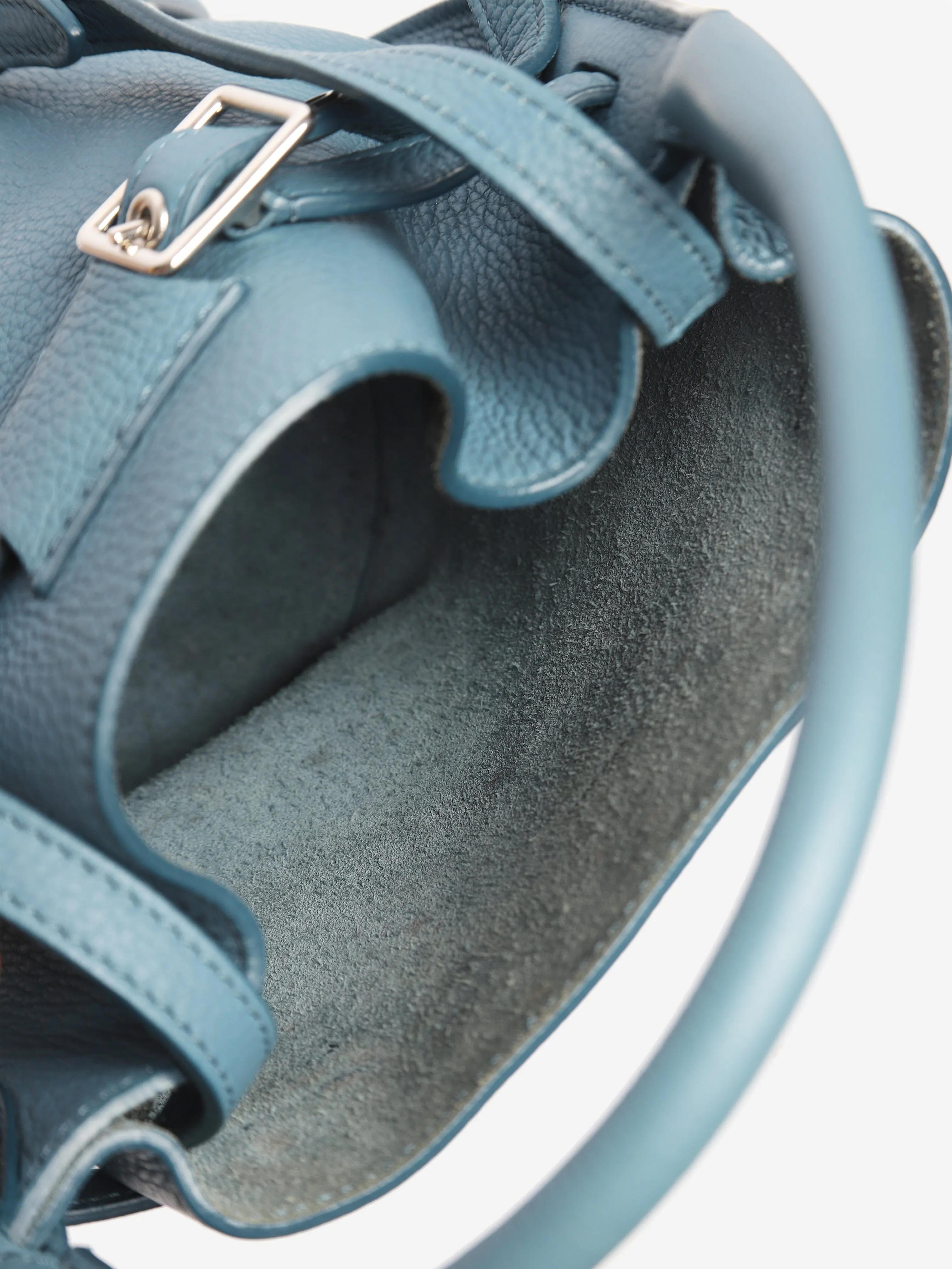 Blue buckled bucket top handle bag