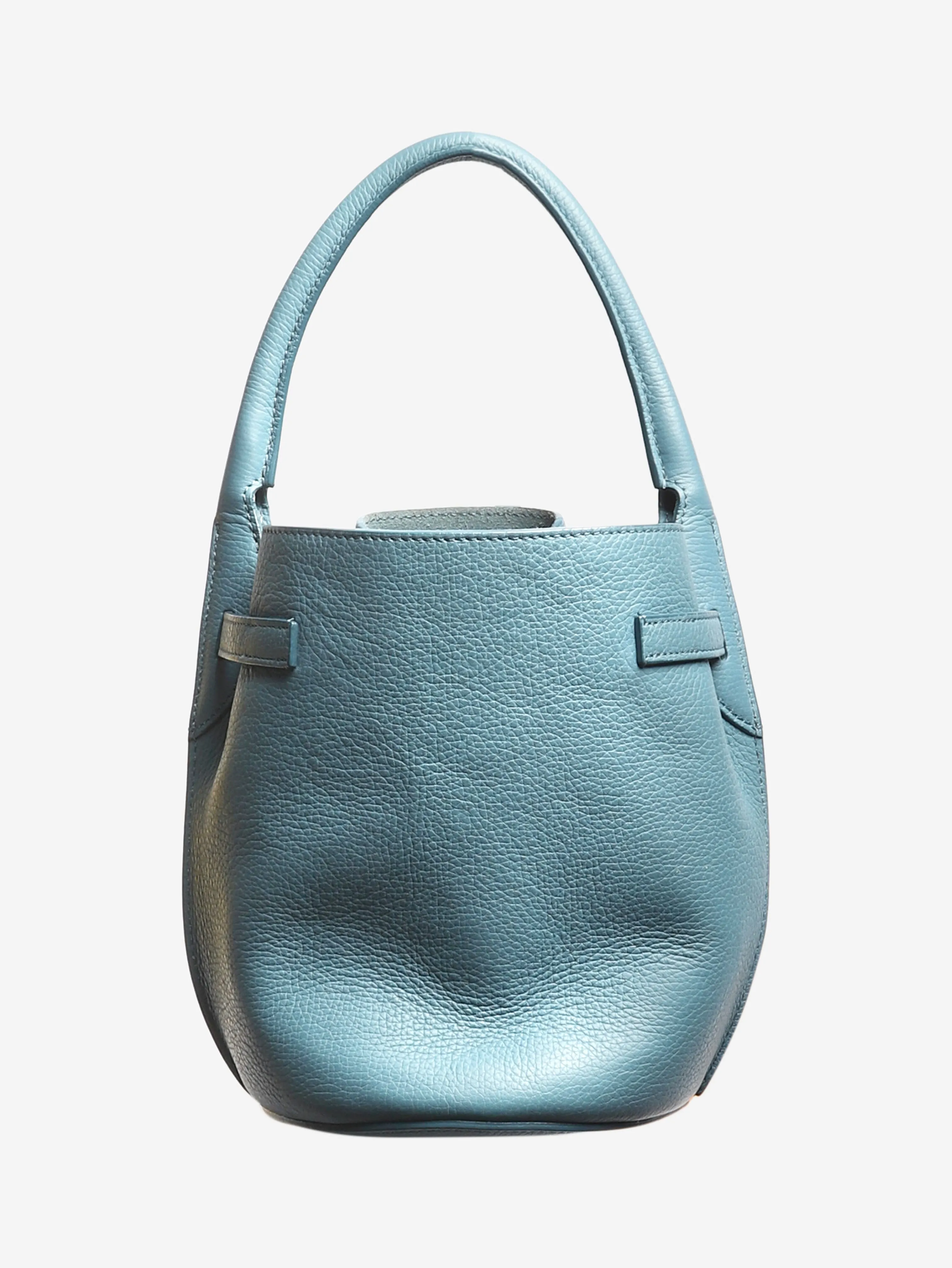 Blue buckled bucket top handle bag