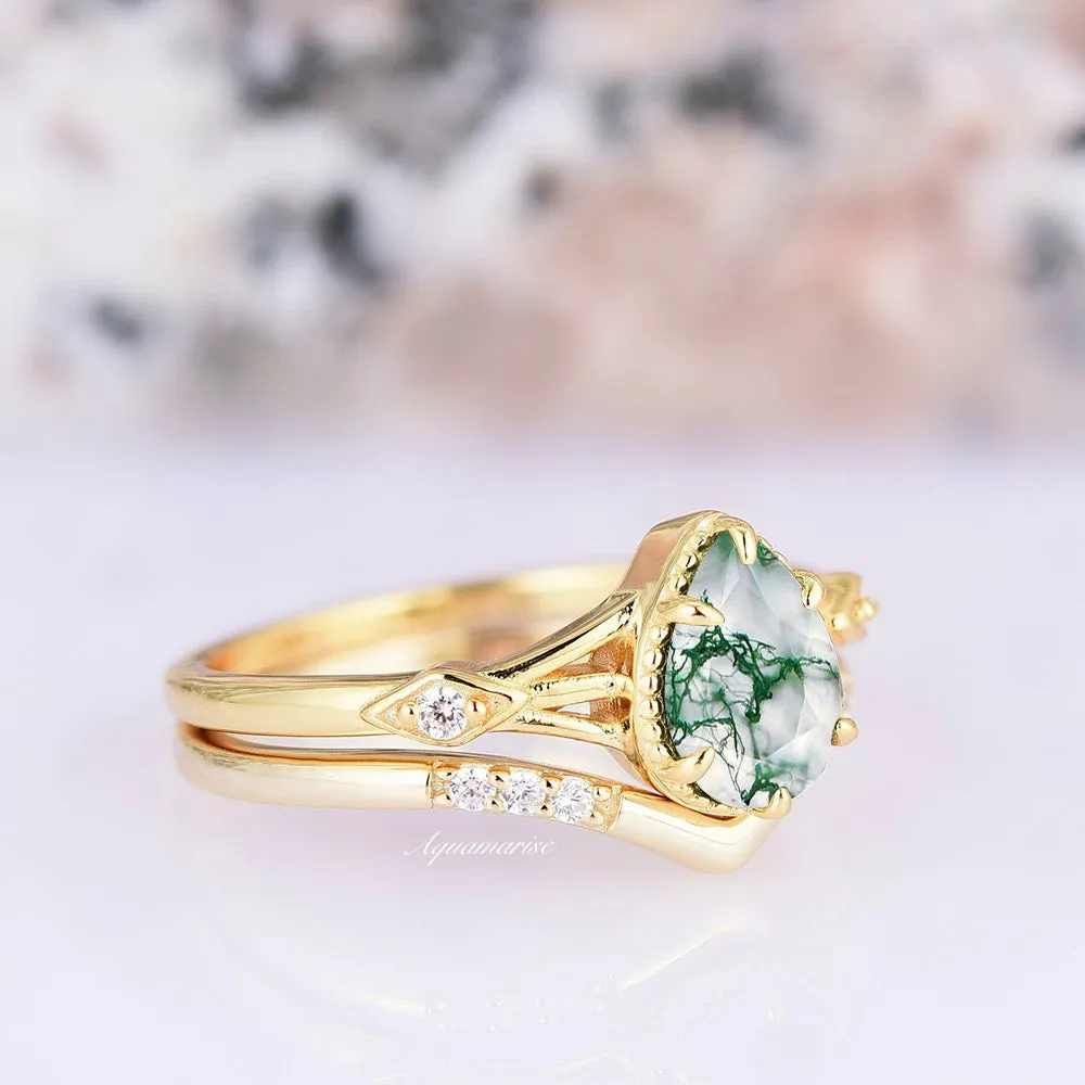 Celtic Green Moss Agate Ring Set- 14K Solid Yellow Gold