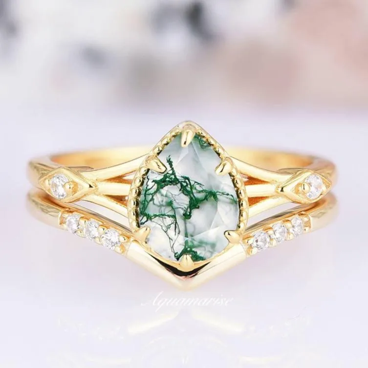 Celtic Green Moss Agate Ring Set- 14K Solid Yellow Gold