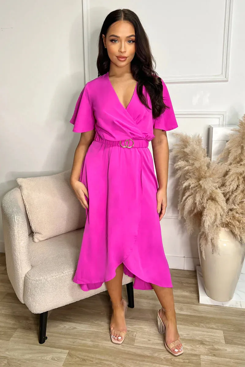 Danni Pink Short Sleeve Belted Midi Dress