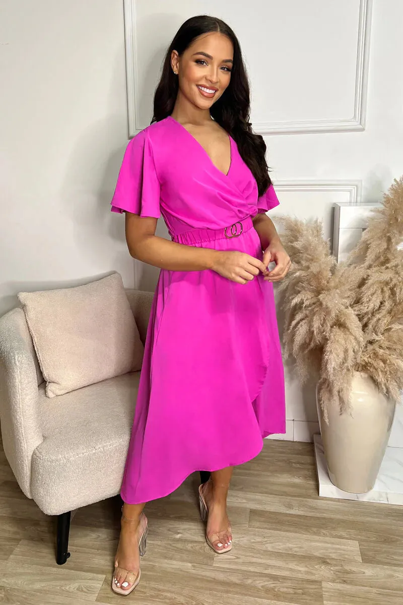 Danni Pink Short Sleeve Belted Midi Dress