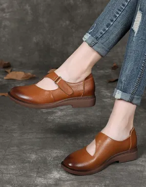 Handmade Retro Leather Women's Buckle Flat