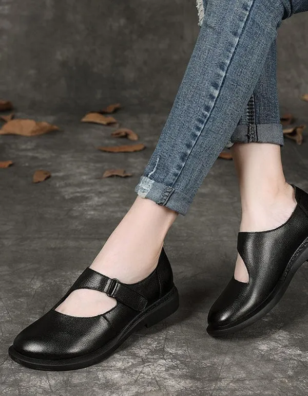 Handmade Retro Leather Women's Buckle Flat