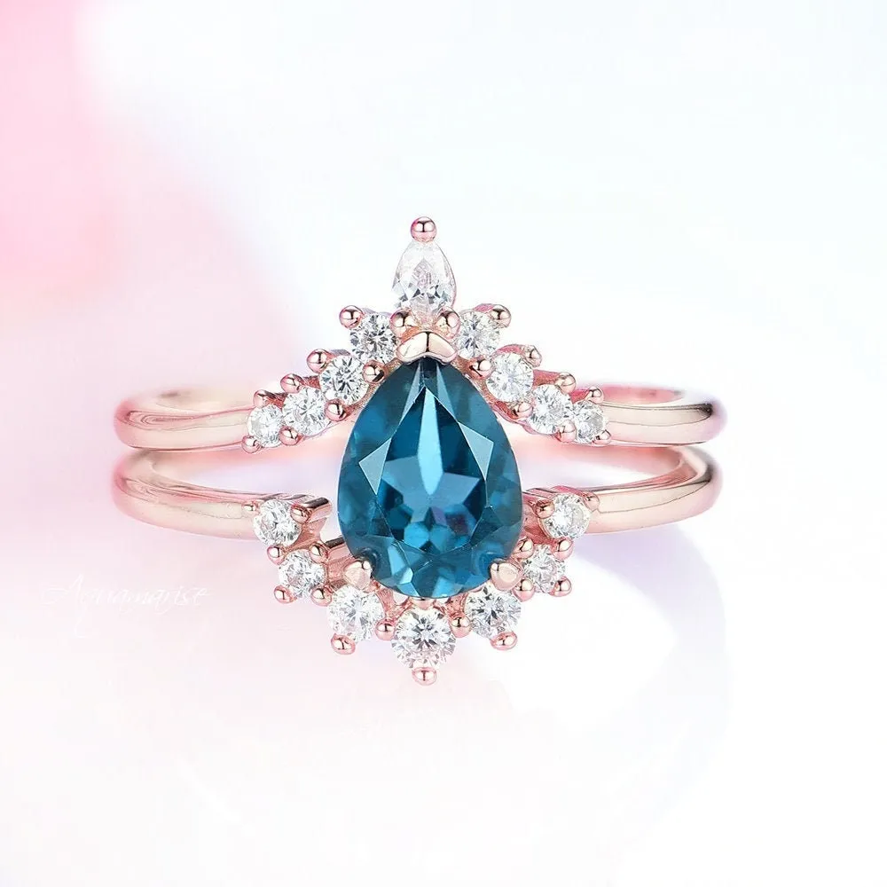 Lunette Natural London Blue Topaz Engagement Ring Set- 14K Solid Rose Gold