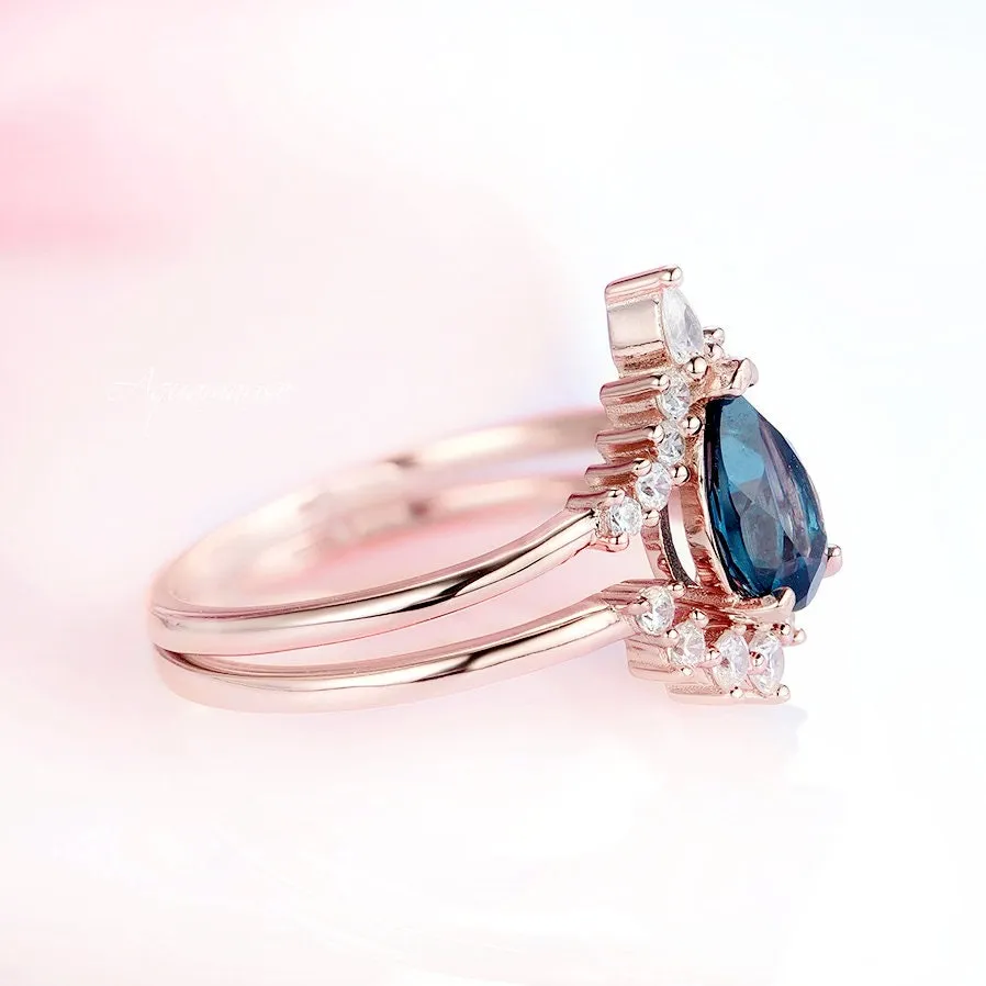 Lunette Natural London Blue Topaz Engagement Ring Set- 14K Solid Rose Gold