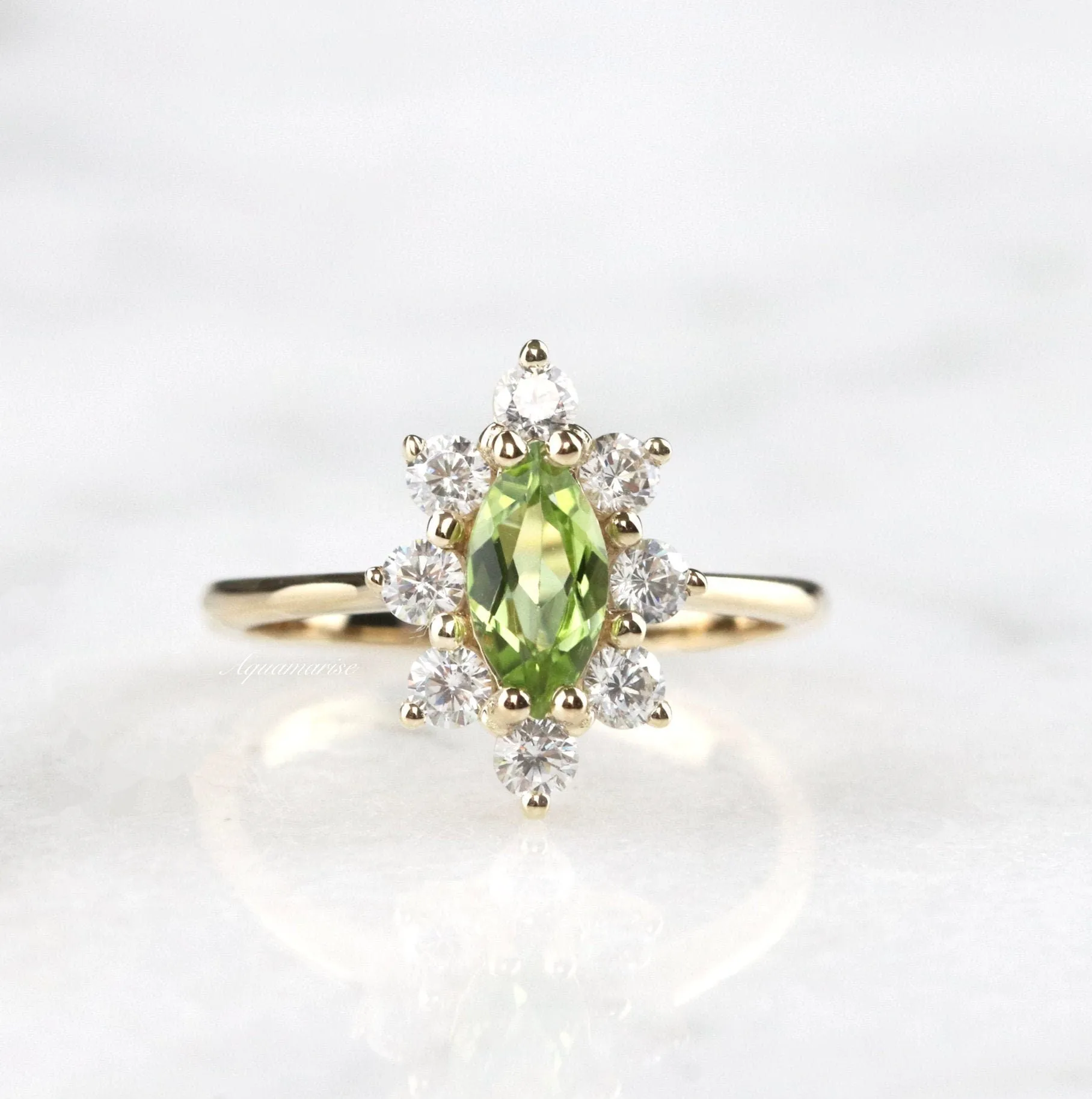 Marquise Natural Peridot Engagement Ring- 14K Solid Yellow Gold