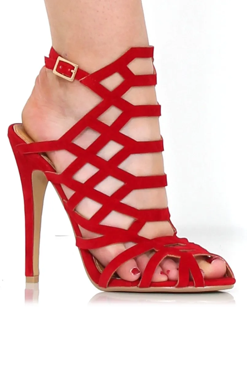 Merci Red Suede Caged Heels