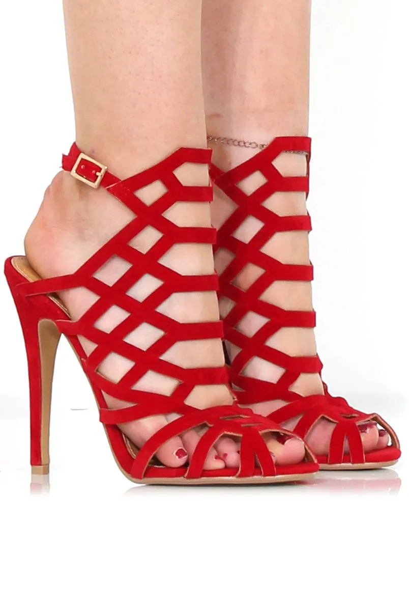 Merci Red Suede Caged Heels