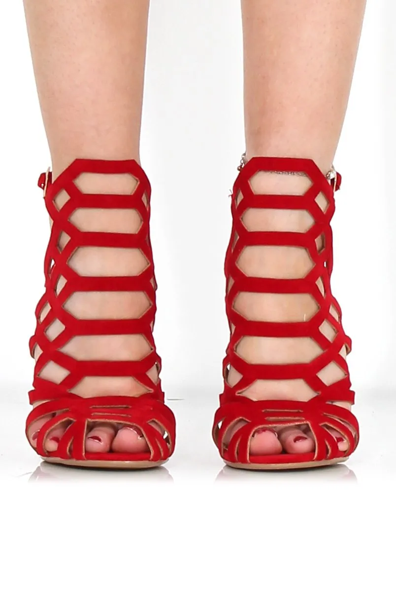 Merci Red Suede Caged Heels