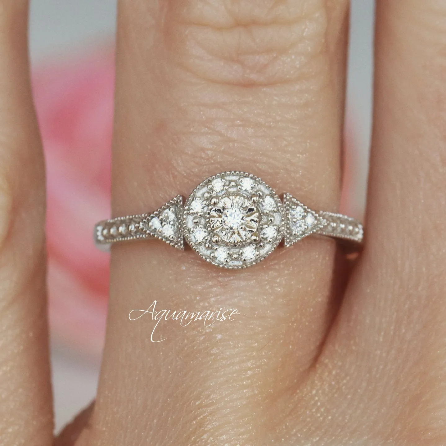 Milgrain Design Moissanite Engagement Ring- 14K White Gold