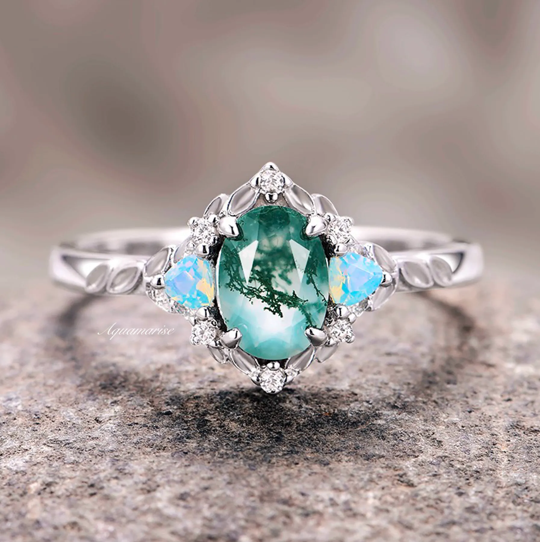 Moss Agate & Opalescent Sapphire Ring- 14K White Gold