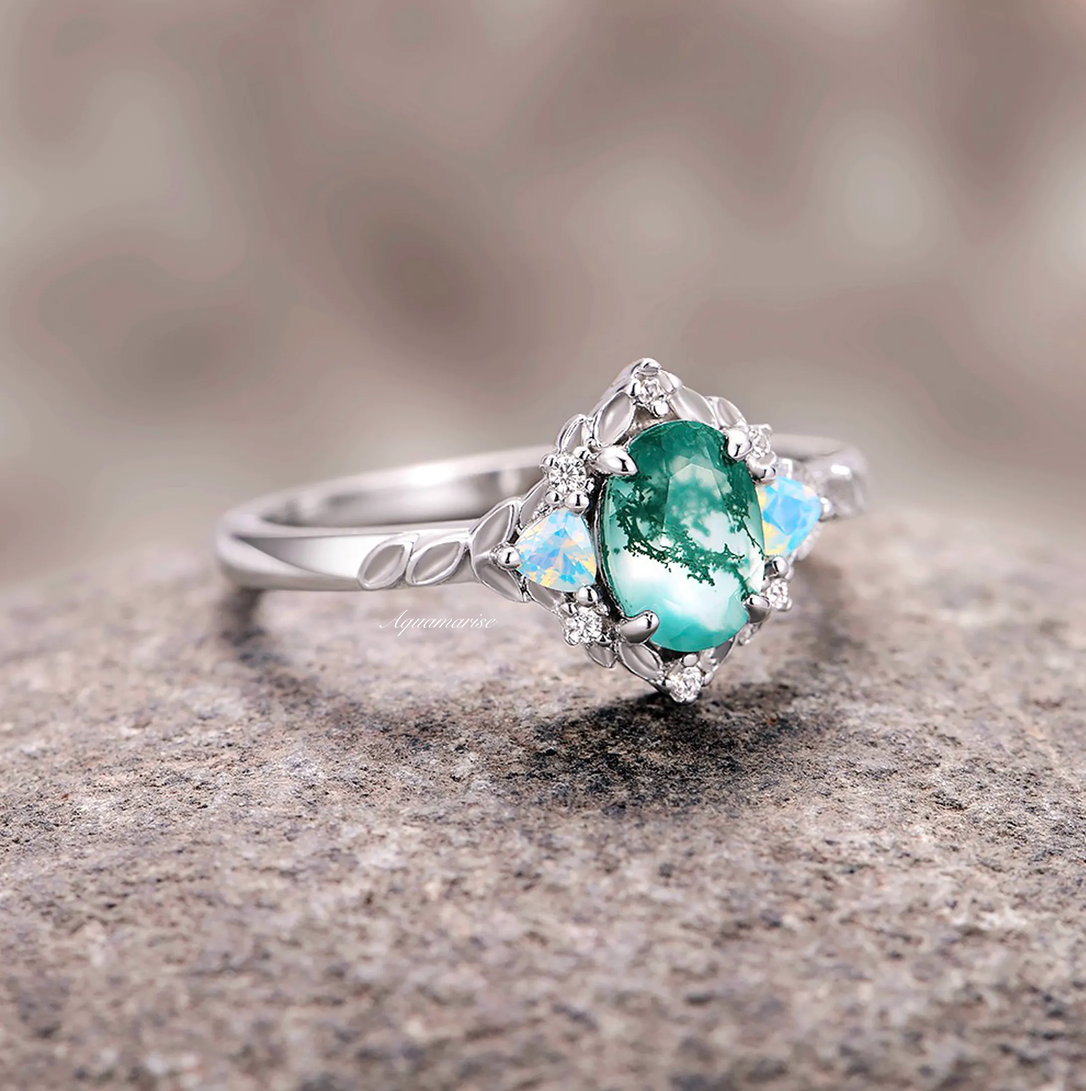 Moss Agate & Opalescent Sapphire Ring- 14K White Gold