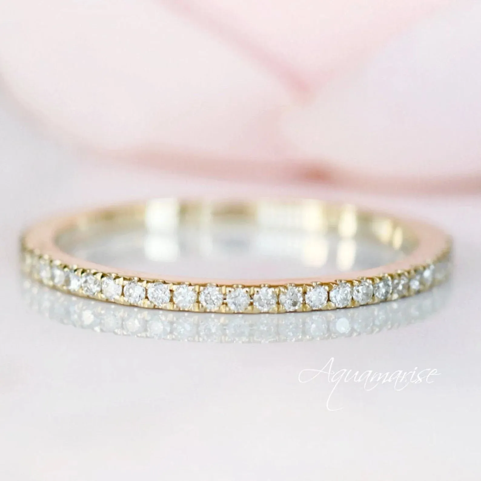 Petite Half Eternity Diamond Wedding Band- 10K/ 14K/ 18K Solid Yellow Gold