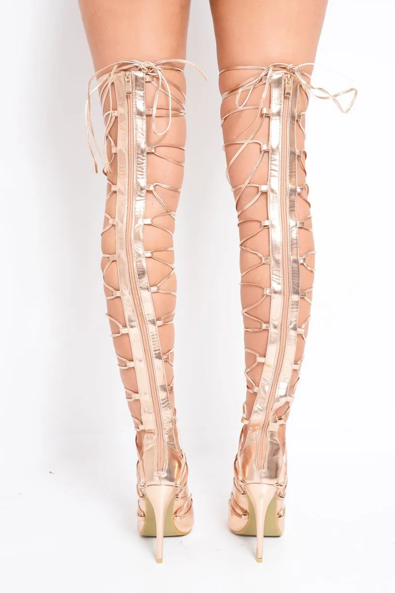 Rose Gold Metallic Knee High Lace Up Heels - Jadalee