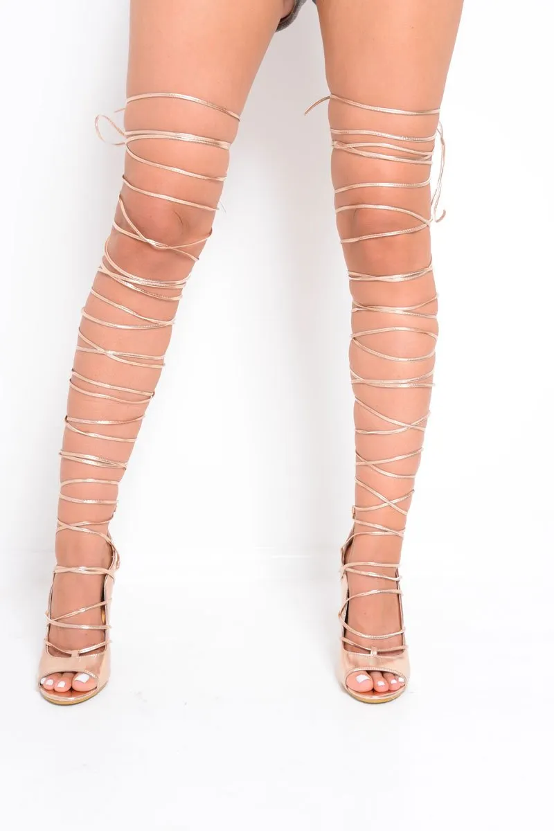 Rose Gold Metallic Knee High Lace Up Heels - Jadalee