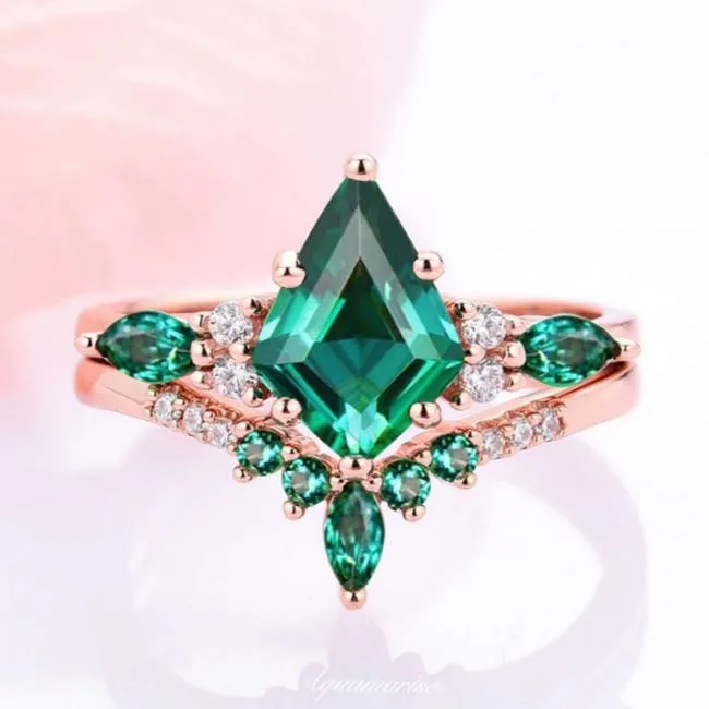 Skye Emerald Engagement Ring Set- 14K Solid Rose Gold