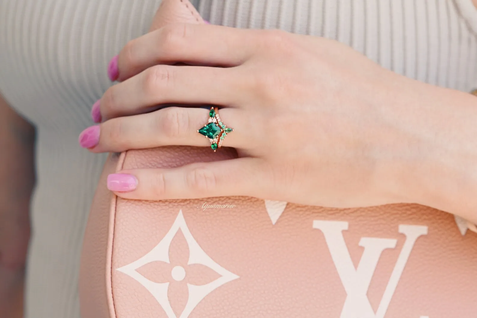 Skye Emerald Engagement Ring Set- 14K Solid Rose Gold