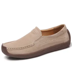 Spring Autumn Women Moccasins Suede Leather Flats Square Toe Slip-on Shoes Fall Casual Apricot Loafers Lady