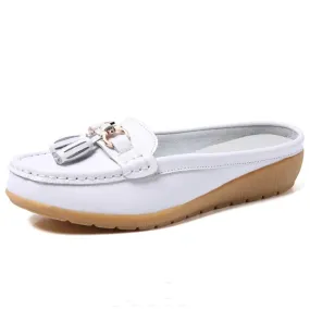 Summer Genuine Leather Women Flats Hollow Slip On Leather Loafers Ladies Shoes Korean Style Soft Moccasins Half Slippers