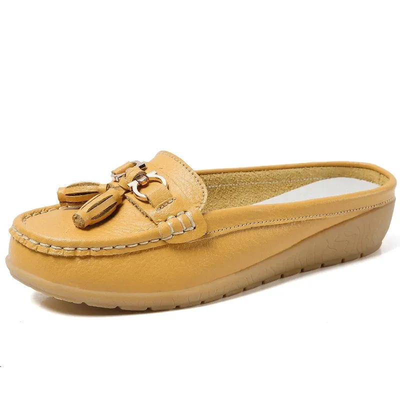 Summer Genuine Leather Women Flats Hollow Slip On Leather Loafers Ladies Shoes Korean Style Soft Moccasins Half Slippers