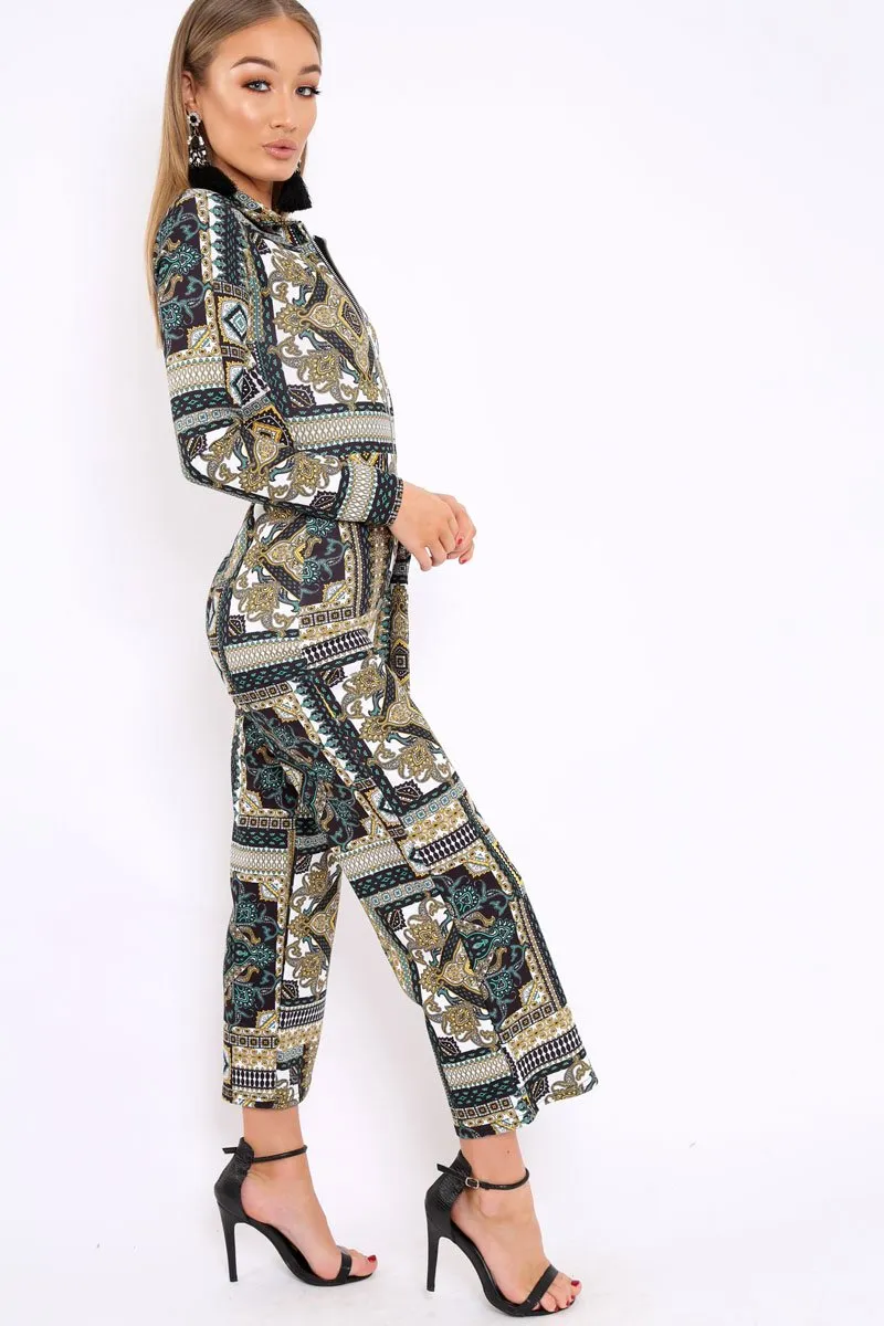 Teal Paisley Print Zip Front Jumpsuit - Aazeen