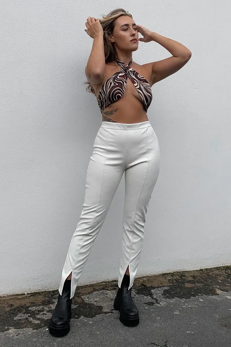 White PU Leather Front Slit Trousers - Caro