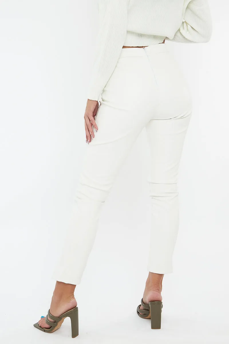 White PU Leather Front Slit Trousers - Caro